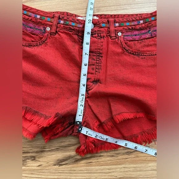FREE PEOPLE Sun Break Embroidered-Yoke Denim Shorts Red Size 29 - Picture 4 of 10